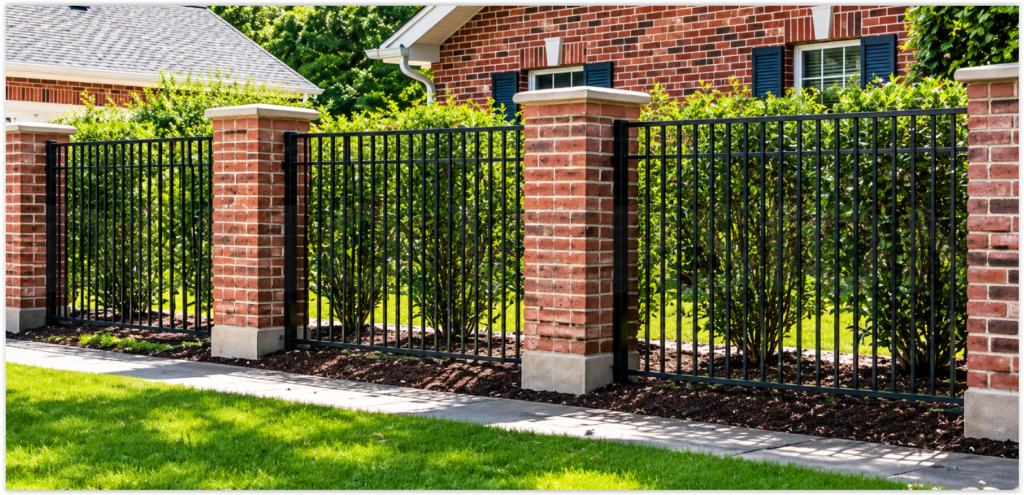 Black ornamental metal commercial fence with red brick pillars