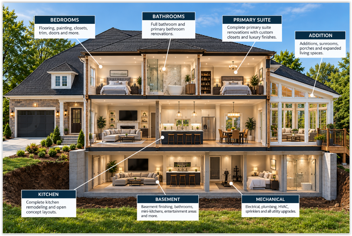 Cutaway of a whole-house renovation showing bedrooms, bathrooms, primary suite, addition, kitchen, basement and mechanical upgrades