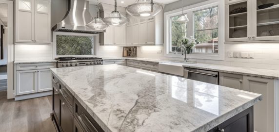 Marble kitchen countertop with copy space over bright elegance kitchen Generative AI